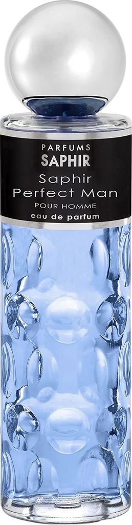 A close-up studio shot of a bottle of Saphir Perfect Man Pour Homme Eau de Parfum.