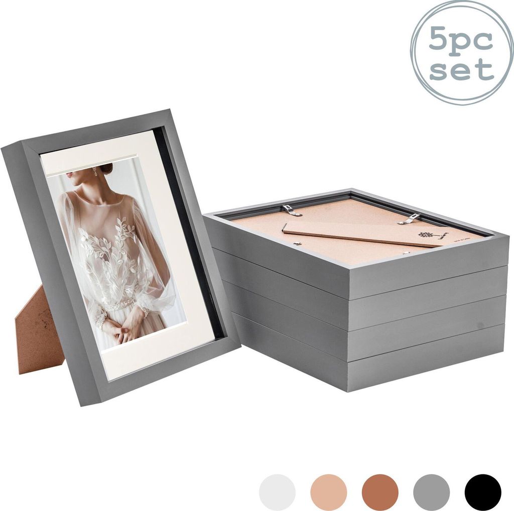 Nicola Spring Stück 5 8 x 10 3D-Schatten-Kasten-Foto-Rahmen-Set - Craft Anzeigen Bilderrahmen mit 5 x 7 Montage - Glas Aperture - Grau / Elfenbein