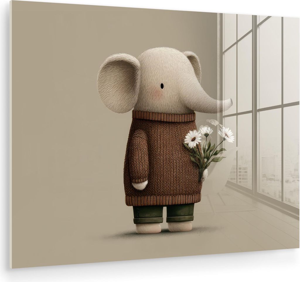 MuchoWow Glasbilder - Bilder auf Wandbild - Foto auf Glas Elefant - Weiße Blumen - Kinderfreundlich 40x30 cm Wanddekoration aus Glas - Acrylglasbi...