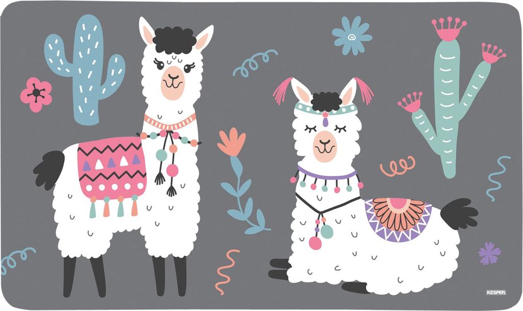 Two cartoon llamas are depicted on a gray background, surrounded by decorative elements like cacti, flowers, and swirls.