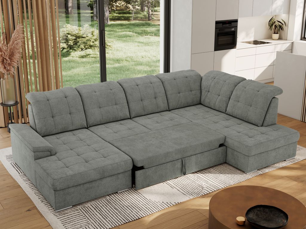 MKS MEBLE Ecksofa Wohnlandschaft U-Form, Sofa mit Schlaffunktion, Schlafsofa mit bettkasten, Couch mit Schlaffunktion - Grau Struktur - Madrito U -...
