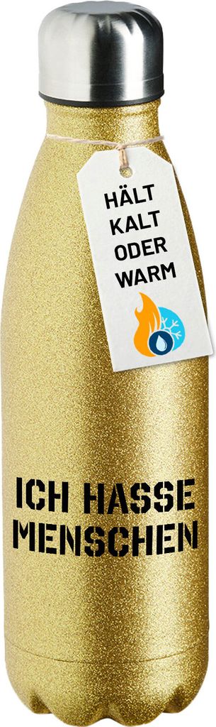 Huuraa Trinkflasche ICH HASSE MENSCHEN 500ml Gold Edelstahl Wasserflasche Trinkflasche Geschenkidee