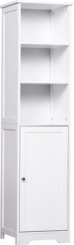 A white bathroom cabinet with open shelves and a closed cabinet.