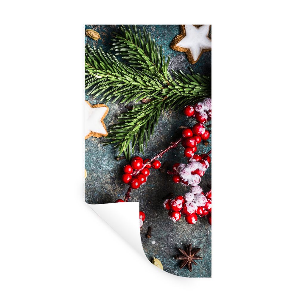 MuchoWow Wandtattoo Wandsticker Wandaufkleber Weihnachten - Rustikal - Zweige - Sternanis - Beeren - Rot 60x120 cm Selbstklebend und Repositionie...