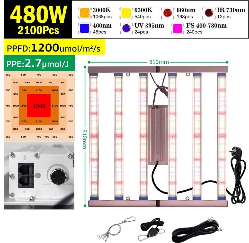 LED Pflanzenlampe Grow Light - 480 W - Dimmbar mit Drehknopf - 220 V EU-Stecker - Aluminiumgehäuse - ROHS- - Grün