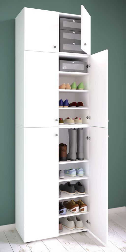 VCM Holz-Schuhschrank | Maße: H. 240 x B. 70 x T. 39 cm | Allzweckschrank | 9 Fächer | 4 Drehtüren | Aufsatz mit 2 Türen | extra Schublade – ...