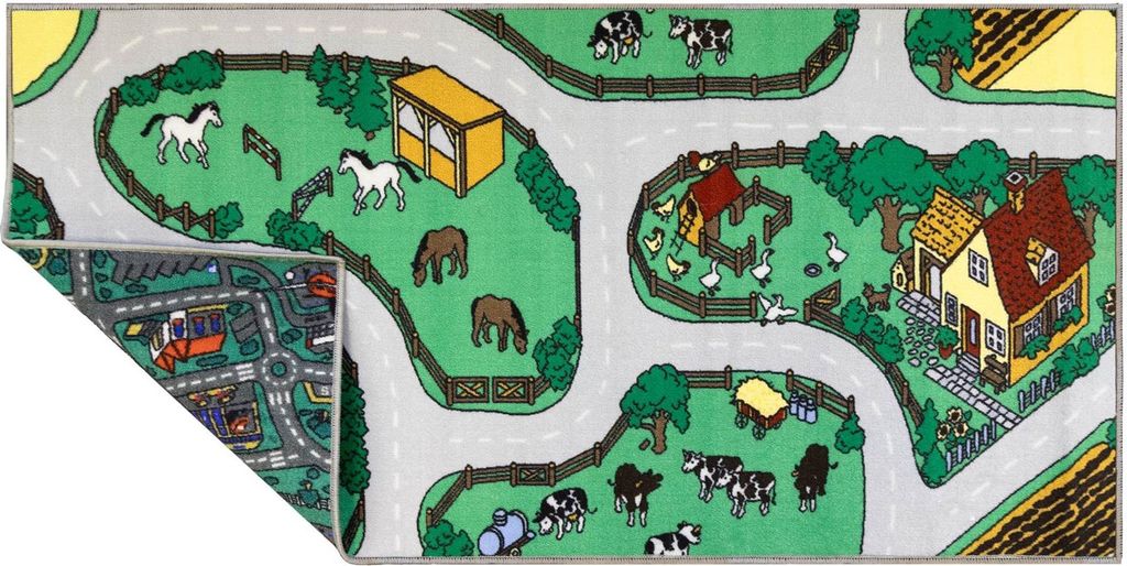 Primaflor Spielteppich CITY / FARM - 140x200cm - Zweiseitiger Kinderteppich - Wendeteppich mit Straßen & Höfen für Jungen & Mädchen