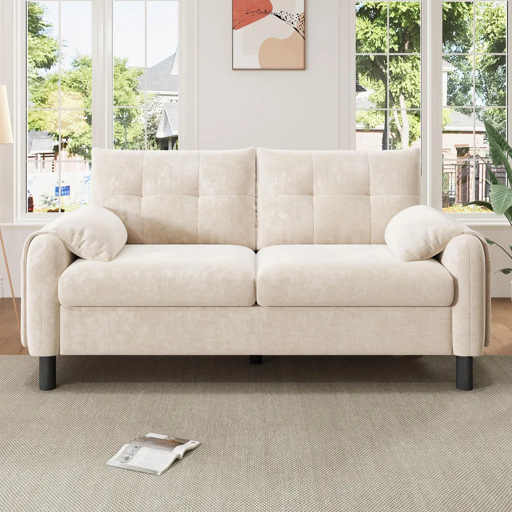 Canapé Chenille Beige avec Poches de Rangement - Sofa 2 places Confort