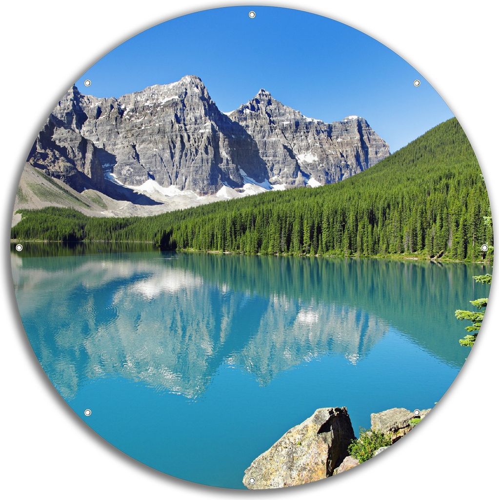 Wallario rundes Outdoor-Poster für Garten oder Balkon, Motiv Tiefblauer See mit Bergpanorama und Wäldern Kanada, 60 cm Durchmesser