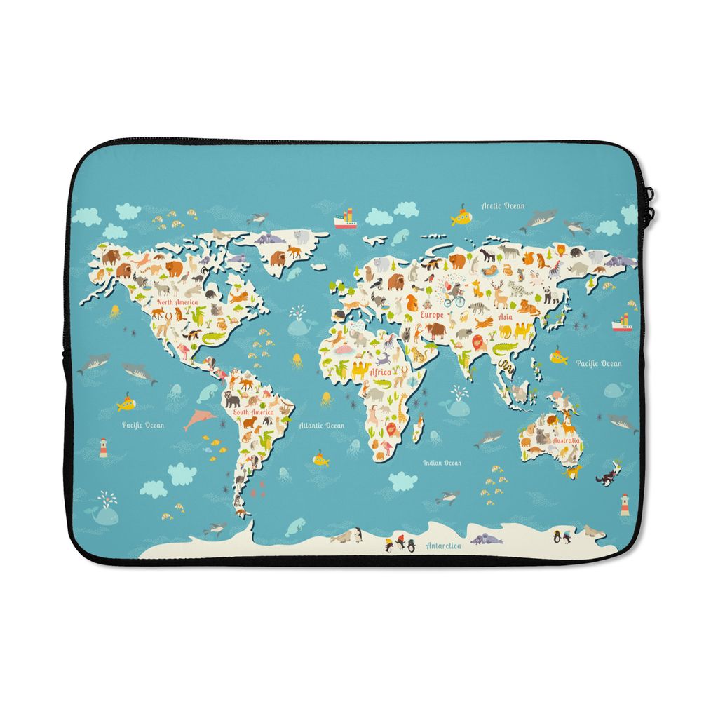 MuchoWow Laptop Hülle 14 ZollWeltkarte - Kinder - Tiere - Kinder - Jungen - Mädchen Laptoptasche - Laptoptasche - Stoßsicher - Schutzhaube