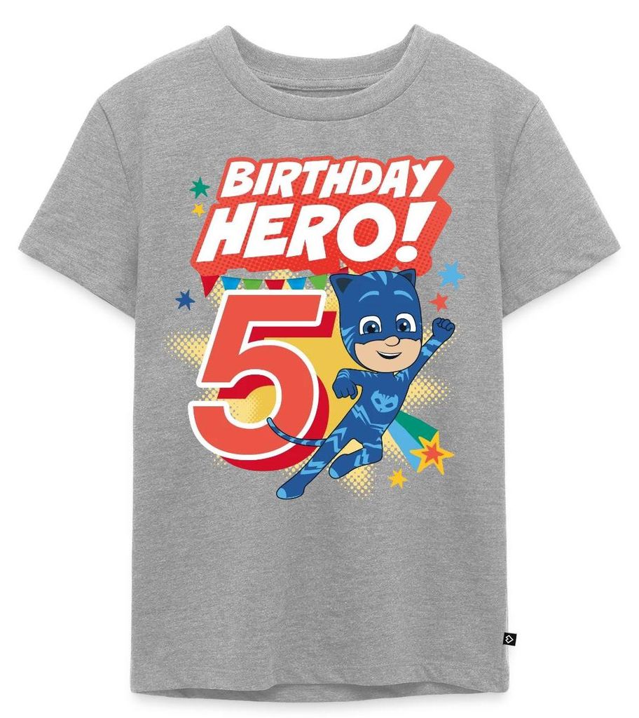 Spreadshirt PJ Masks Catboy Birthday Hero 5. Geburtstag Kinder Premium T-Shirt, 110/116 (4 Jahre), Grau meliert
