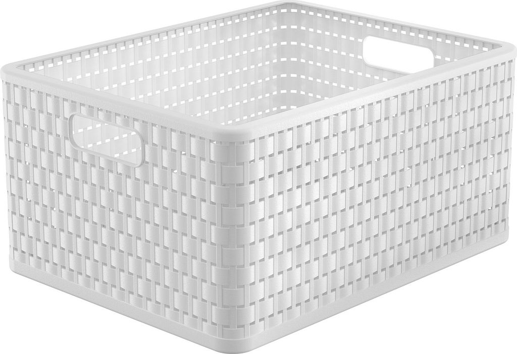 A white plastic storage basket with a woven texture and handles.