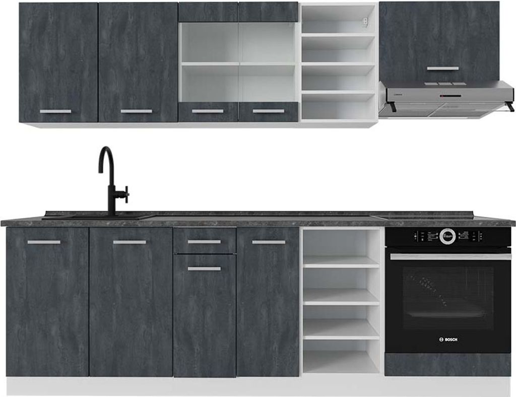 Küchenzeile Vicco R-Line Schwarz Beton/Weiß 240 cm AP Anthrazit, Model 47405