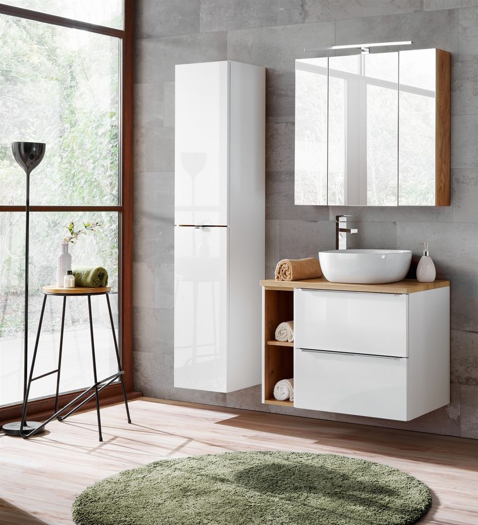 Badmöbel Set 6-tlg Badezimmerset PERUGIA Weiss HGL inkl.Waschbecken