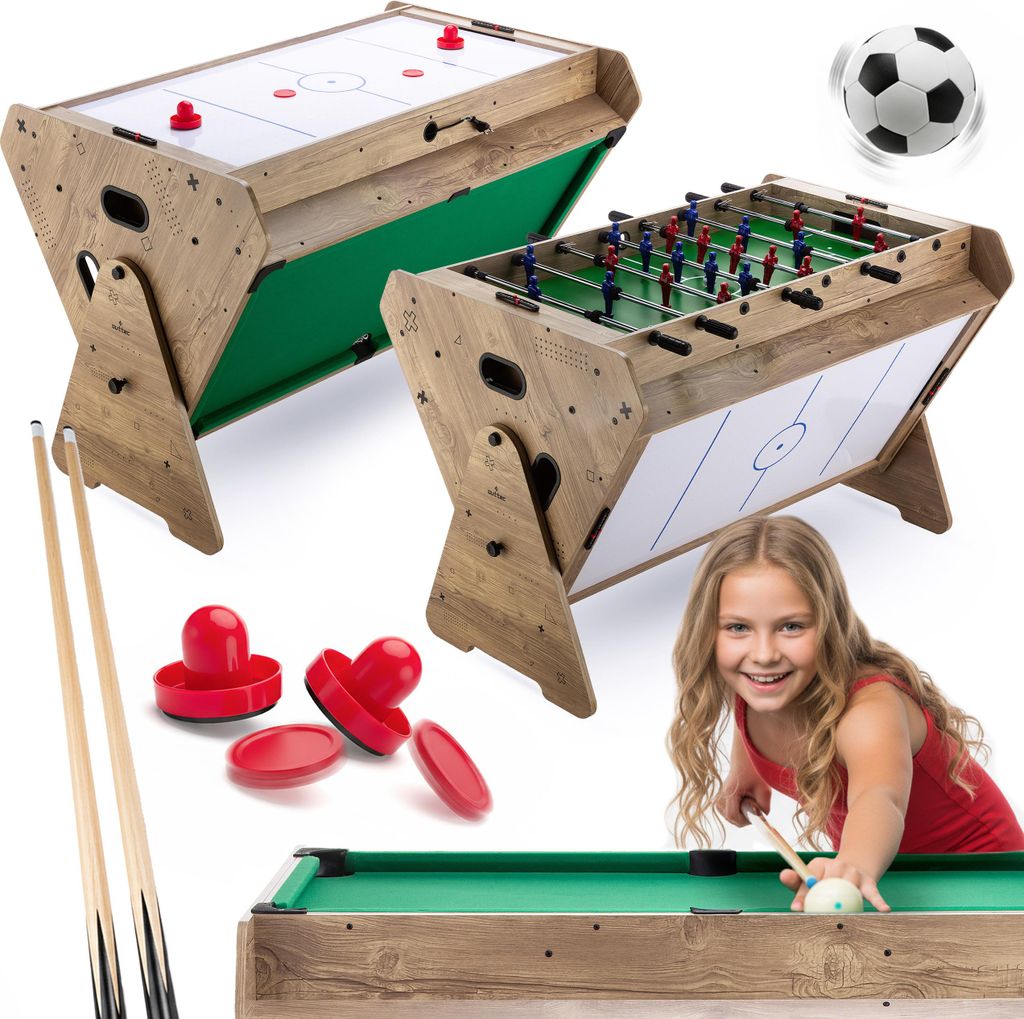 Outtec 3in1 Spieltisch - Kickertisch, Tischbillard, Airhockey - 121x84x85 cm - Tichfußball, Air Hockey, Billard für Kinder und Erwachsene