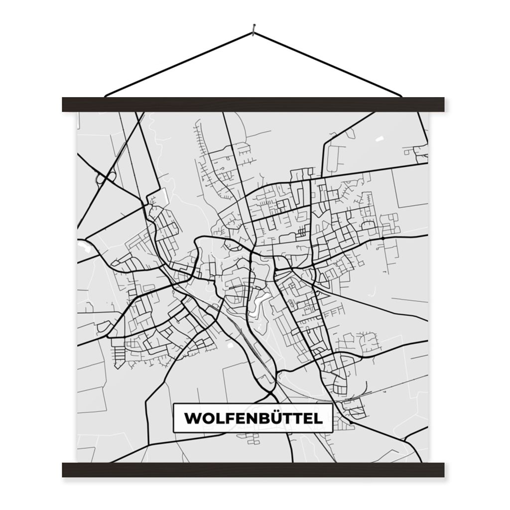 MuchoWow Textilposter Stadtplan - Wolfenbüttel - Karte - Deutschland 60x60 cm mit schwarzem Rahmen - Posteraufhänger