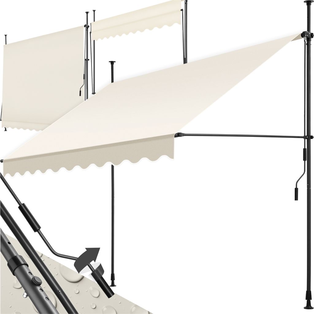 Two cream-colored awnings with black frames and poles, shown from a diagonal angle against a white background. One awning is fully extended, while the other is partially retracted.