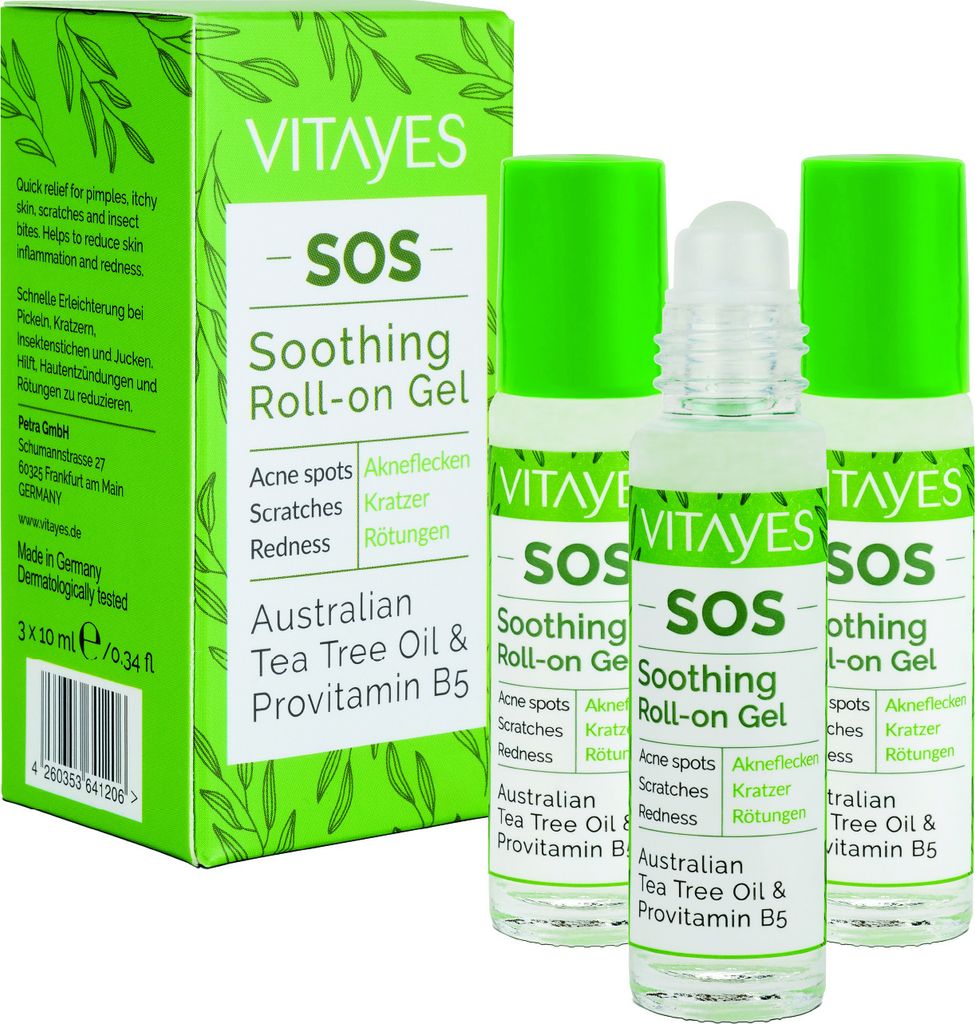 Vitayes SOS Teebaumöl Roller, Vitamin B5, gegen Akne flecken, Kratzer, Hautentzündungen, beruhigender Roll-on Stift, Pickel, unreine Haut, Vegan