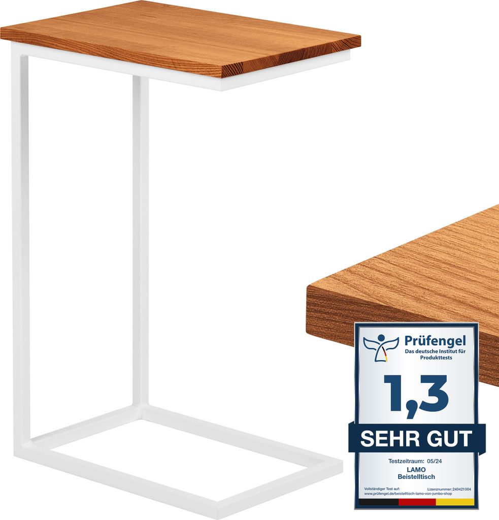 LAMO Manufaktur Beistelltisch | Laptoptisch | Sofatisch | mobiler Kaffeetisch | Nachttisch | 45x30x67 cm | Gestell Weiß | 100% Echtholz Massiv Pla...