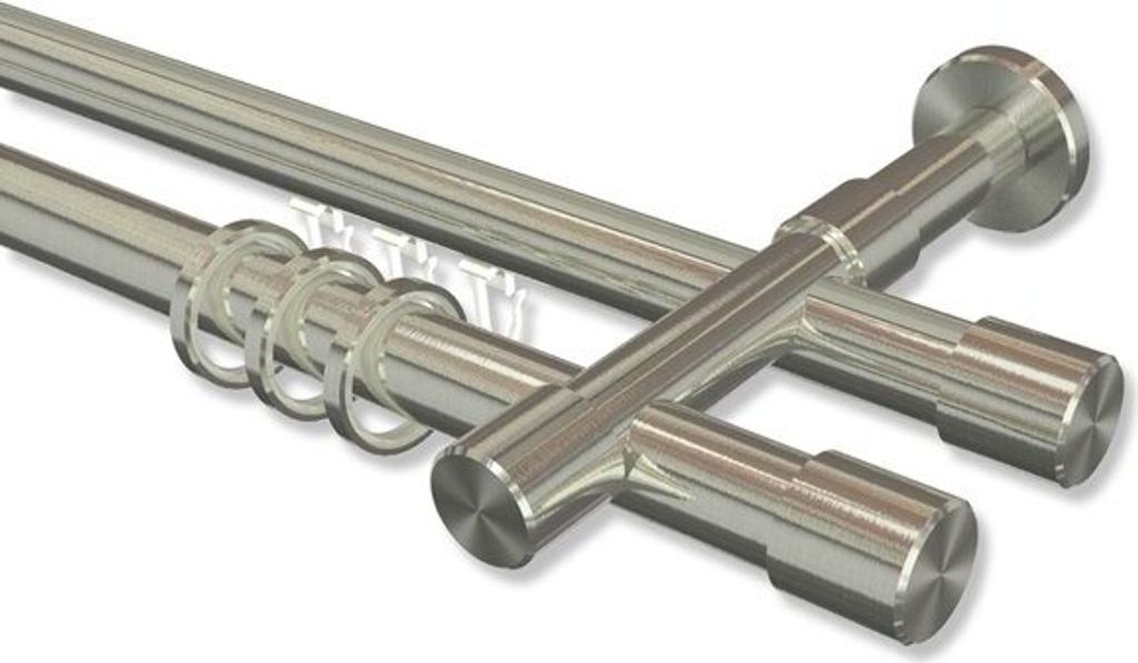 Interdeco Rundrohr-Innenlaufstange, Gardinenstange (Kombination) Edelstahl-Optik Modell Prestige Santo, 20 mm Ø 2-läufig, 140 cm