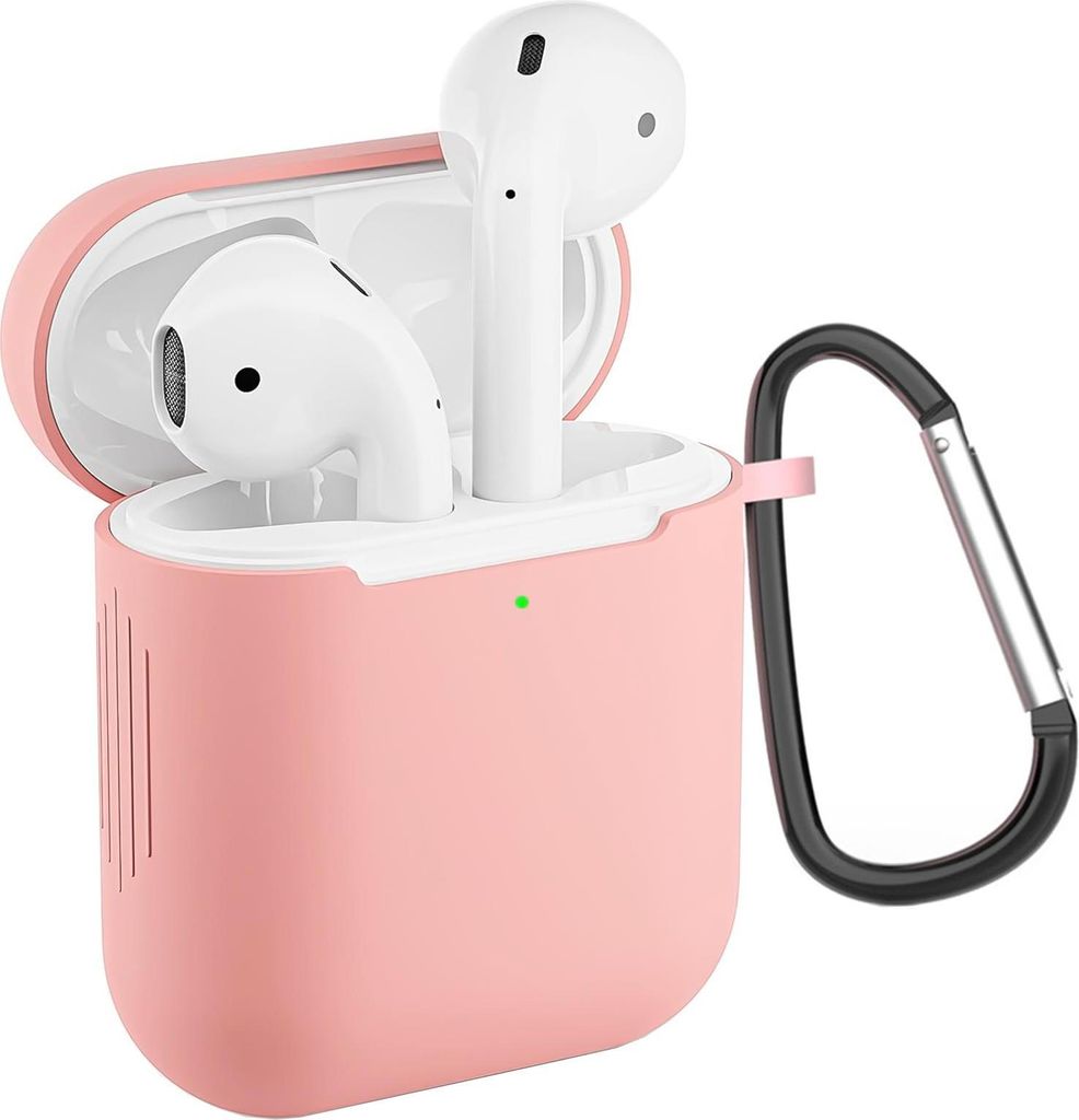 AirPods 1 / 2 Silikon Schutzhülle mit Karabiner, Soft Touch Case, stoßfeste Hülle, rutschfest, 360° Schutz, Pink