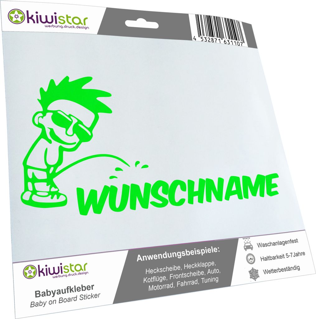 Kiwistar - Autoaufkleber - Piss on Wunschname - Junge mit Sonnenbrille - 24 cm - neongrün - Pissmännchen - Aufkleber für Auto, Laptop, Fahrrad, ...
