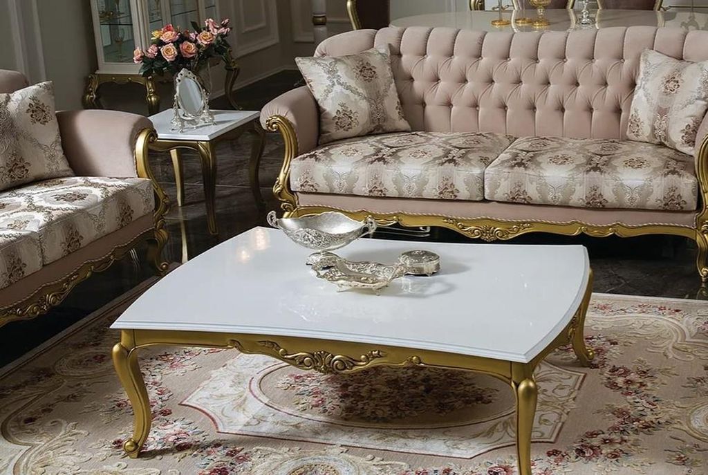 Casa Padrino Luxus Barock Couchtisch Weiß / Gold 137 x 90 x H. 46 cm - Prunkvoller Massivholz Wohnzimmertisch im Barockstil - Barock Möbel