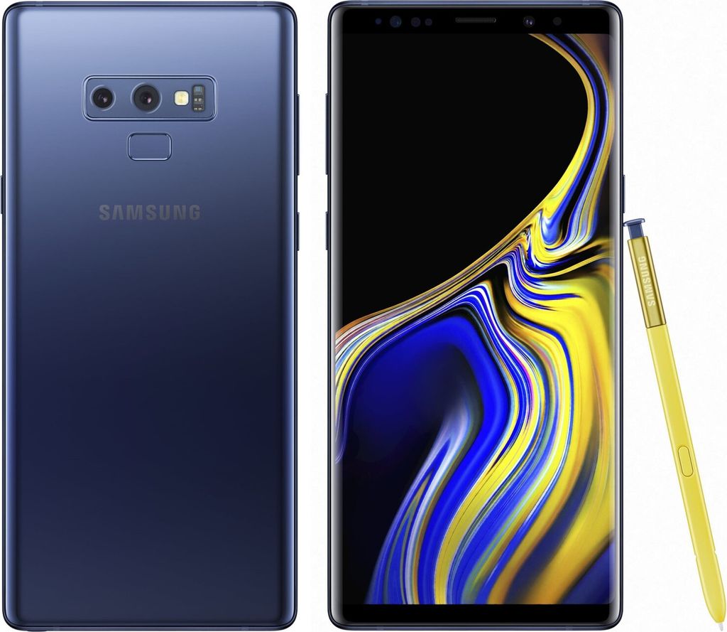 A Samsung Galaxy Note 9 smartphone is shown from the front and back, with its stylus pen.