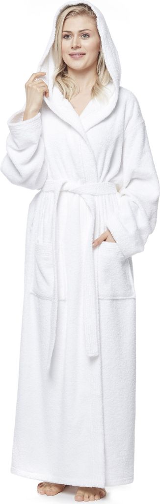 Bademantel Pandora für Damen mit Kapuze, extra lang, 100% Baumwolle, Farbe:Weiß, Größe:M