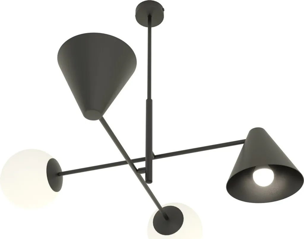 Lustre Suspension Moderne Noire et Verre Blanc HERMES pour Salon 4xE14