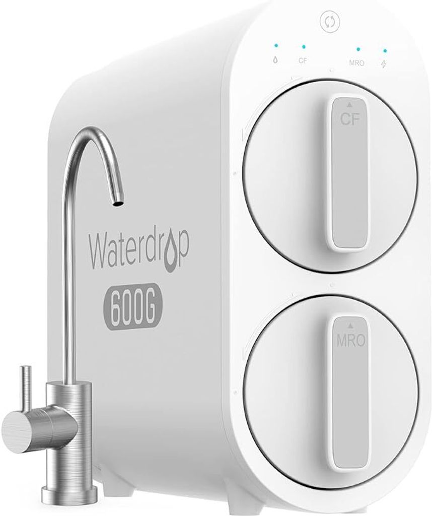 A white Waterdrop 600G water filter system with a chrome faucet.
