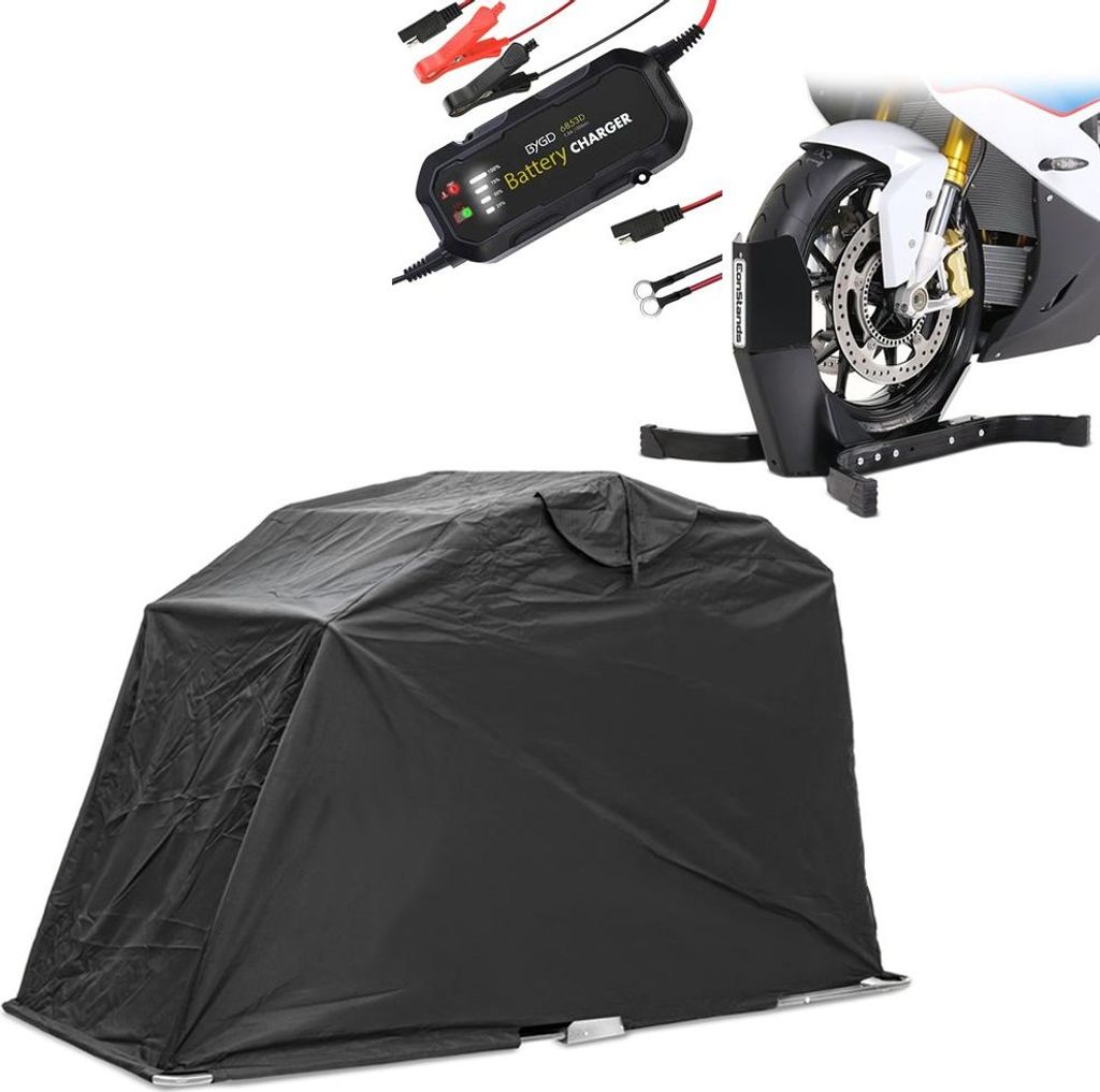 Set Motorrad Zeltgarage XL + Montageständer + Batterieladegerät Motogu