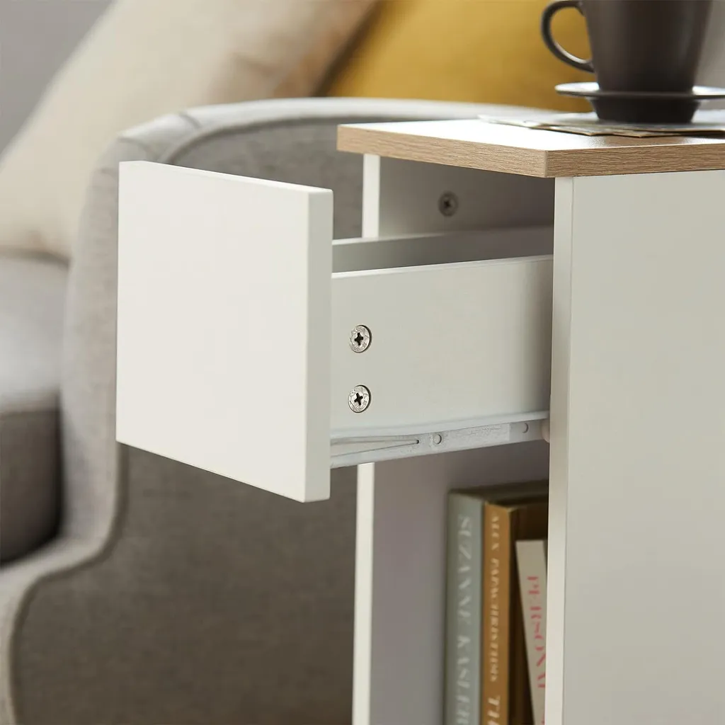 Table Basse Étroite 20cm de Large avec Tiroir en Bois Blanc pour Bureau