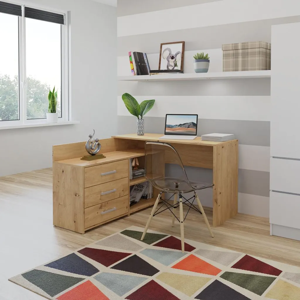 Bureau MIKOL chêne artisan 140cm avec commode pour le télétravail