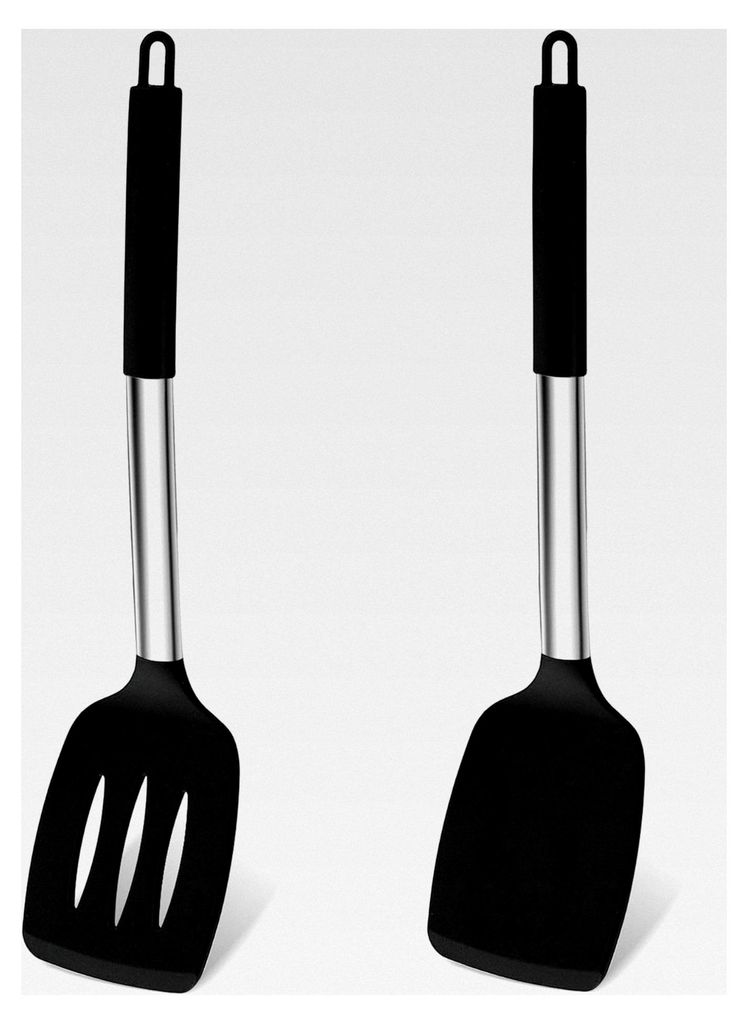 Pfannenwender aus Silikon mit Edelstahlgriff, hitzebeständig, geschlitzt, schwarz, 2er Set