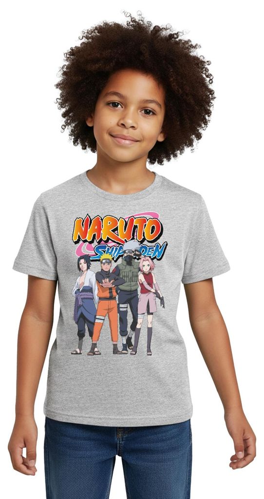 Spreadshirt Naruto Shippuden Sasuke, Naruto, Kakashi & Sakura Kinder T-Shirt, 98/104 (3-4 Jahre), Grau meliert