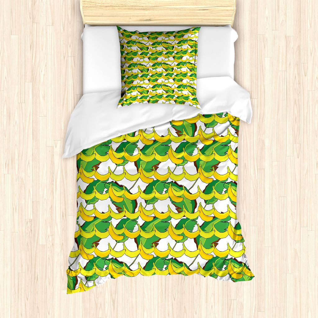 ABAKUHAUS Banane Bettbezug Set für Einzelbetten, Tropische Früchte und Blätter, Milbensicher Allergiker geeignet mit Kissenbezug, 135 cm x 200 c...