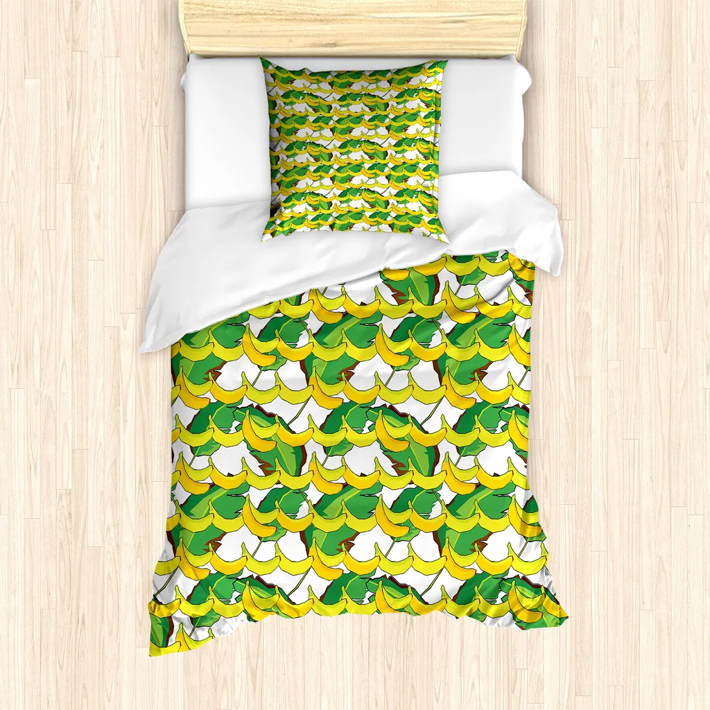 ABAKUHAUS Set copripiumino per letto singolo, frutta tropicale e foglie, antiacaro, adatto a chi soffre di allergie, con federa, 135 cm x 200 cm - 80 x 80 cm, giallo verde lime