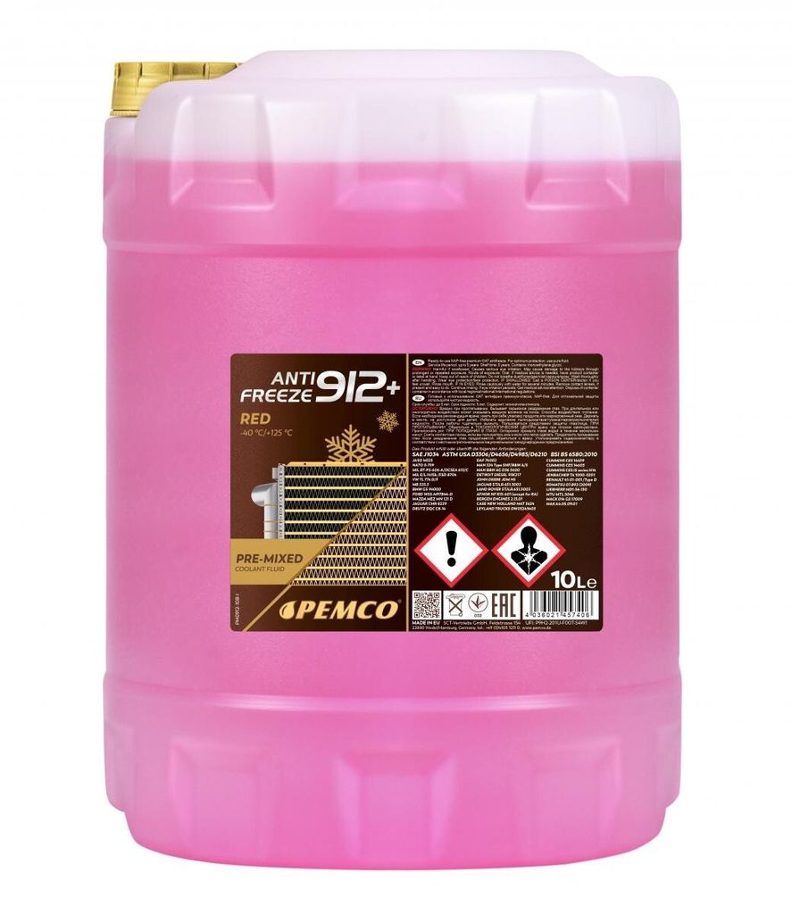 PEMCO 912+ -40 Kühlmittel Kühlerfrostschutz 10L Rot -40°C +125°C Antifreeze Fertigmischung G12+ type D