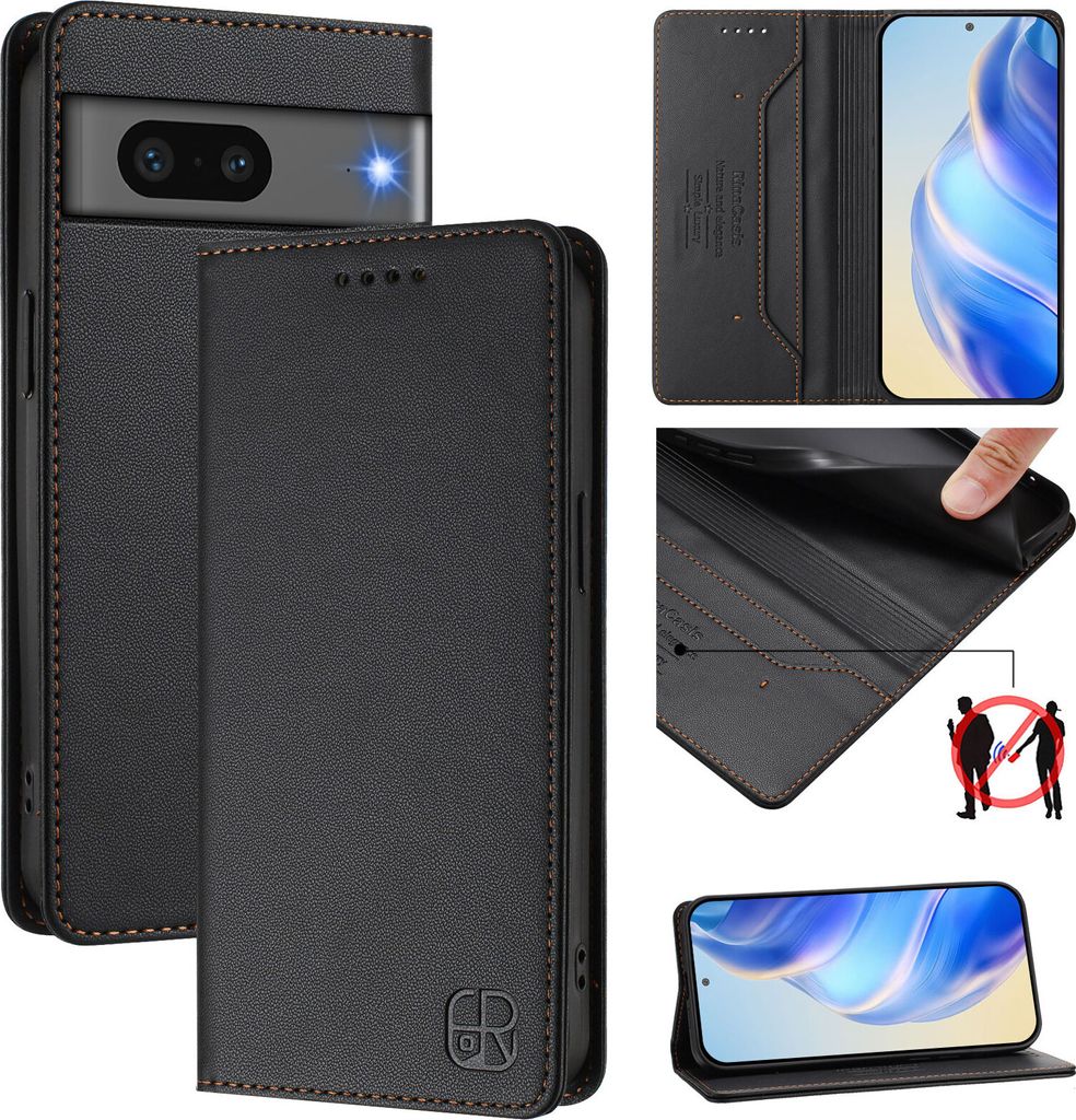 Lederhülle für Google Pixel 7 Hülle Flip Brieftasche Kartenfächern Ständer Schutzhülle Schwarz