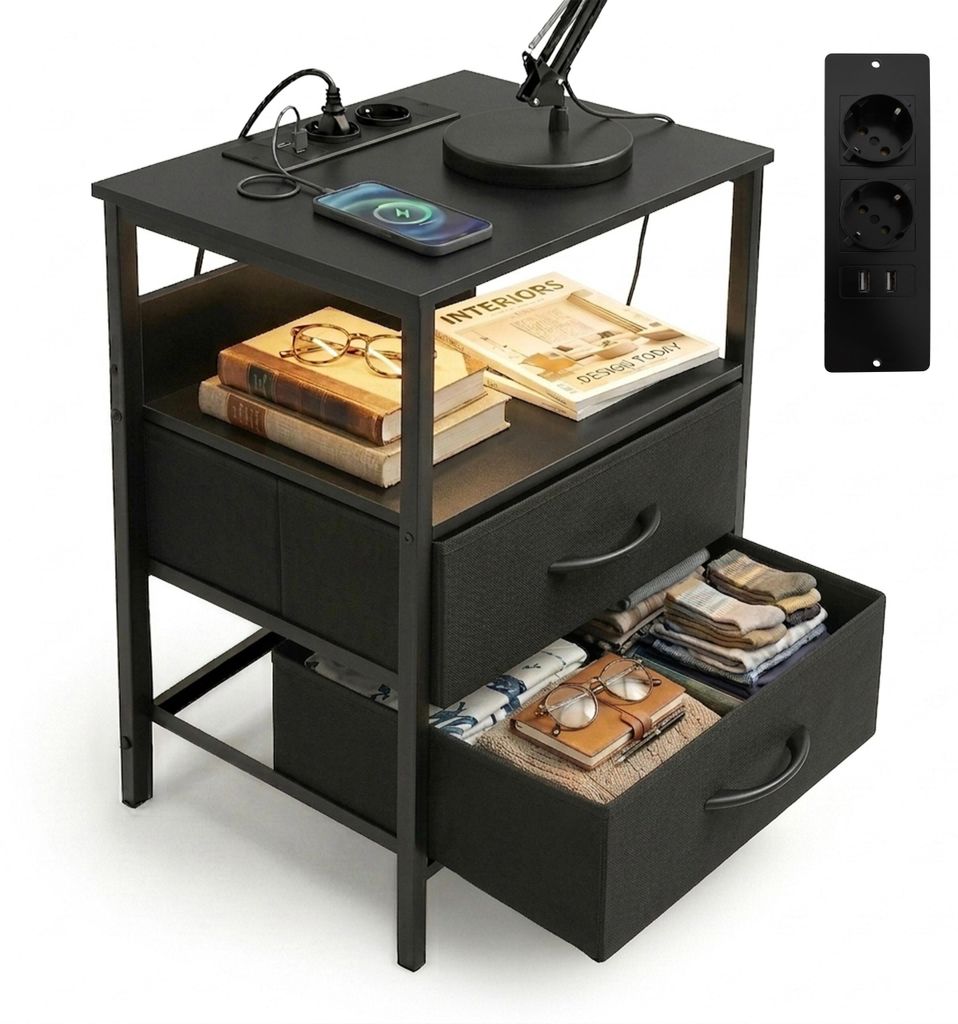 Relaxdays Beistelltisch mit LED, Steckdosen, USB-Anschluss, 2 Schubladen, HxBxT: 60 x 40 x 30 cm, Nachttisch, schwarz