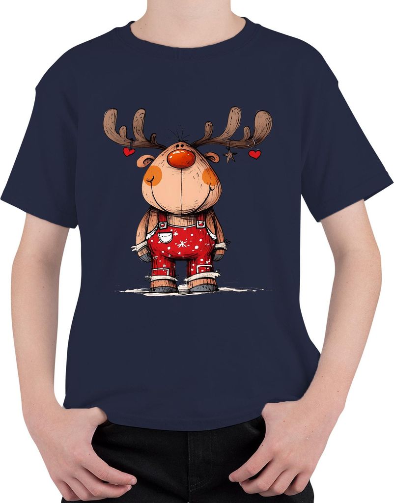 Niedliches Rentier Weihnachten rote Latzhose Herzen Geweih Kinder Uni Kinder T-Shirt, Navy, 116