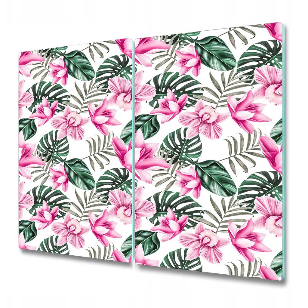 Küchenplatte - Schneidebrett Glas - Herdabdeckung - 2x 30x52 cm - Blumen und Blätter