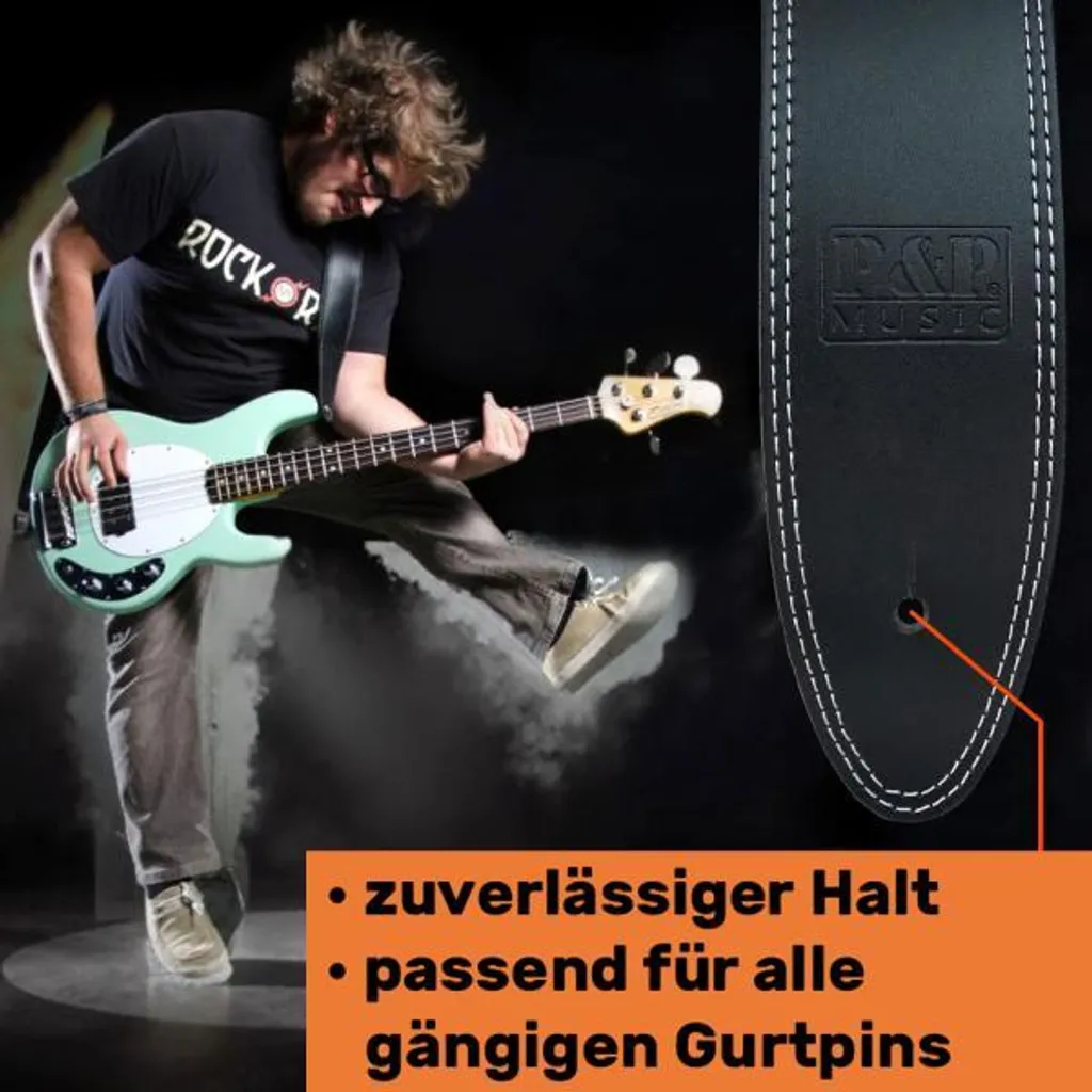 Sangle de guitare cuir véritable avec double couture keepdrum noire - 8