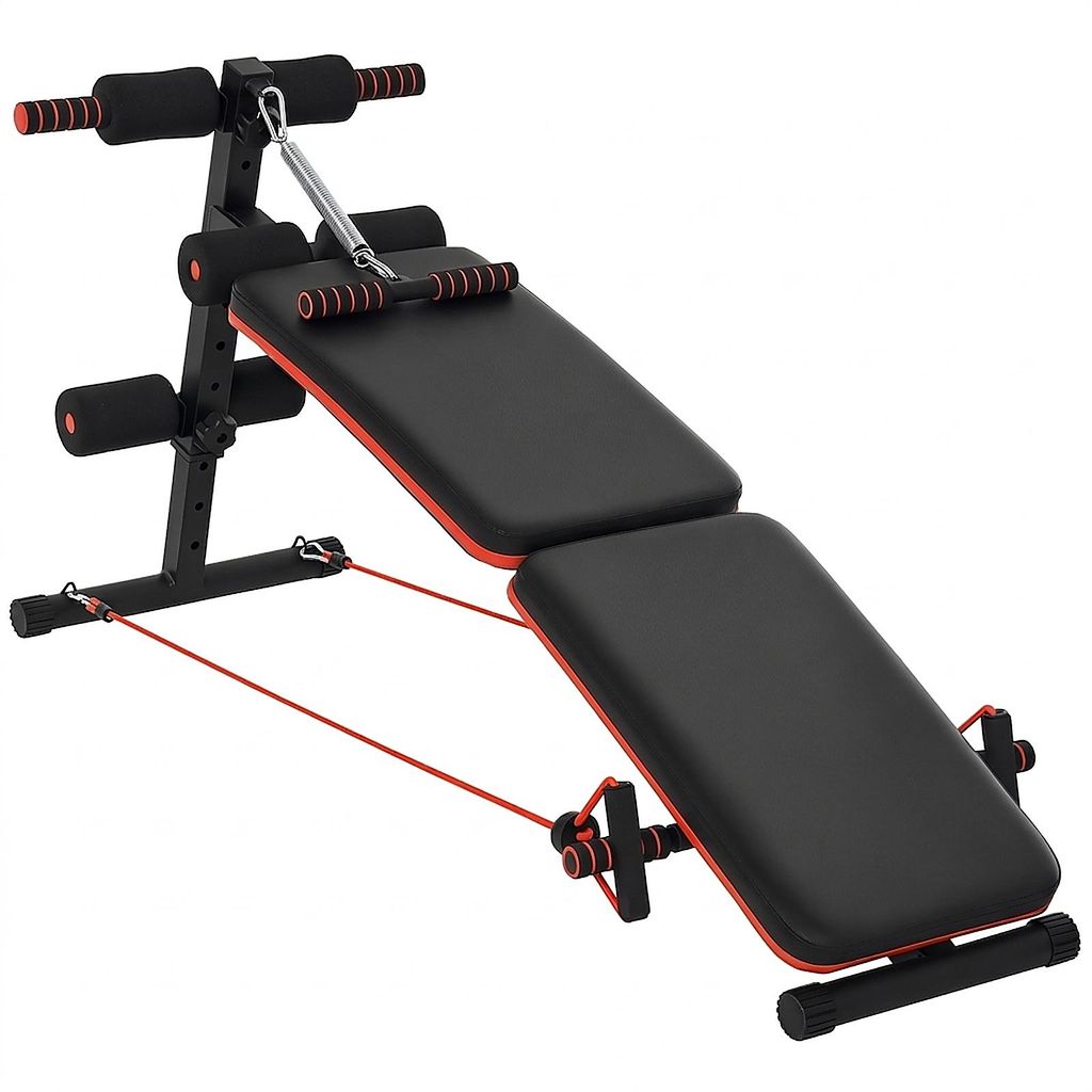 Sit Up Bank Bauchtrainer mit Trainingsseile Trainingsbank Multifunktion Verstellbar&klappbar 110 kg Belastbarkeit Stahl Schwarz+Rot 137 x 51 x 50-66
