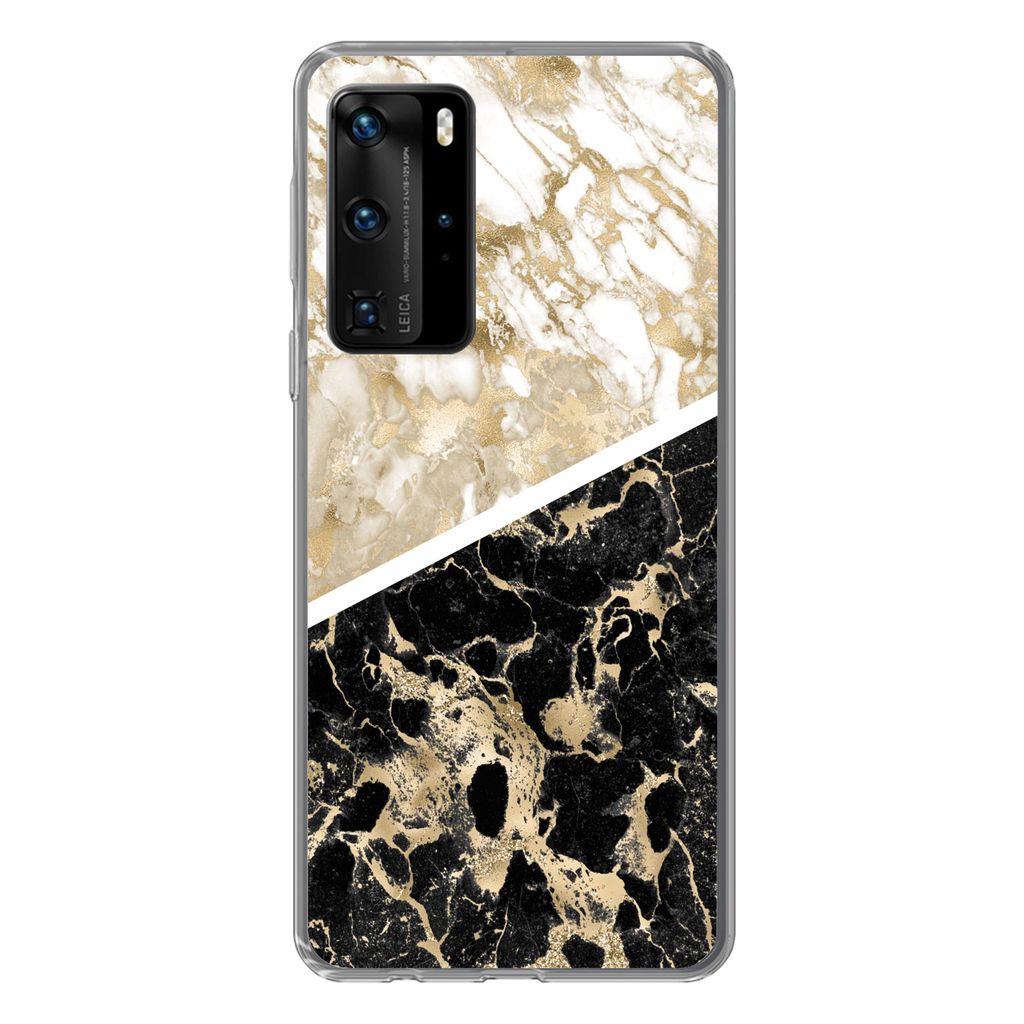 MuchoWow Handyhülle Schutzhülle Hülle für Huawei P40 Pro Marmor - Schwarz und Gold - Schick Silikon Softcase Handy Hülle - Schutz