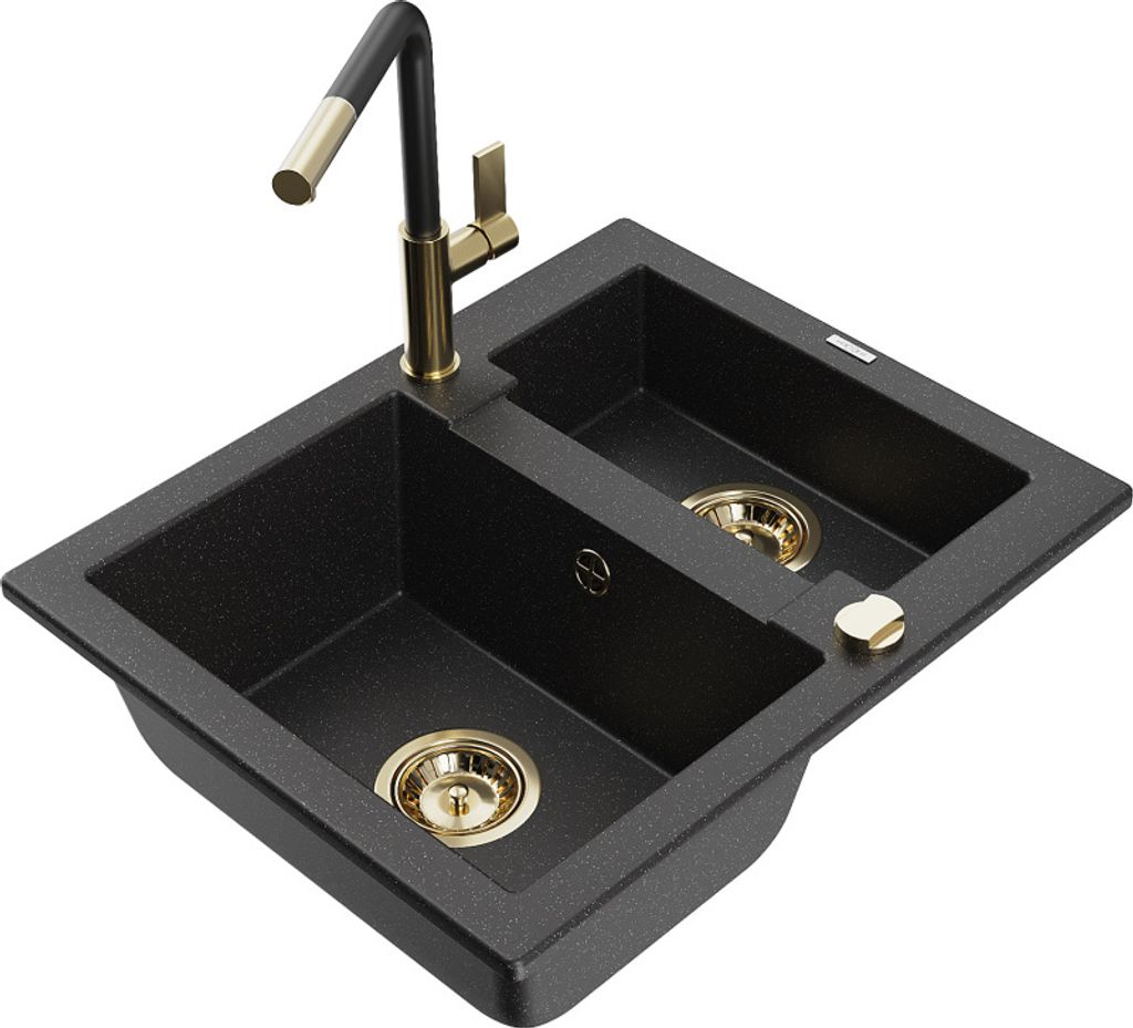 Mexen Carlos 1,5-Becken-Granitspüle mit Mischbatterie Flora, Schwarz/Silbermetallic - 6518-73-670401-57-G