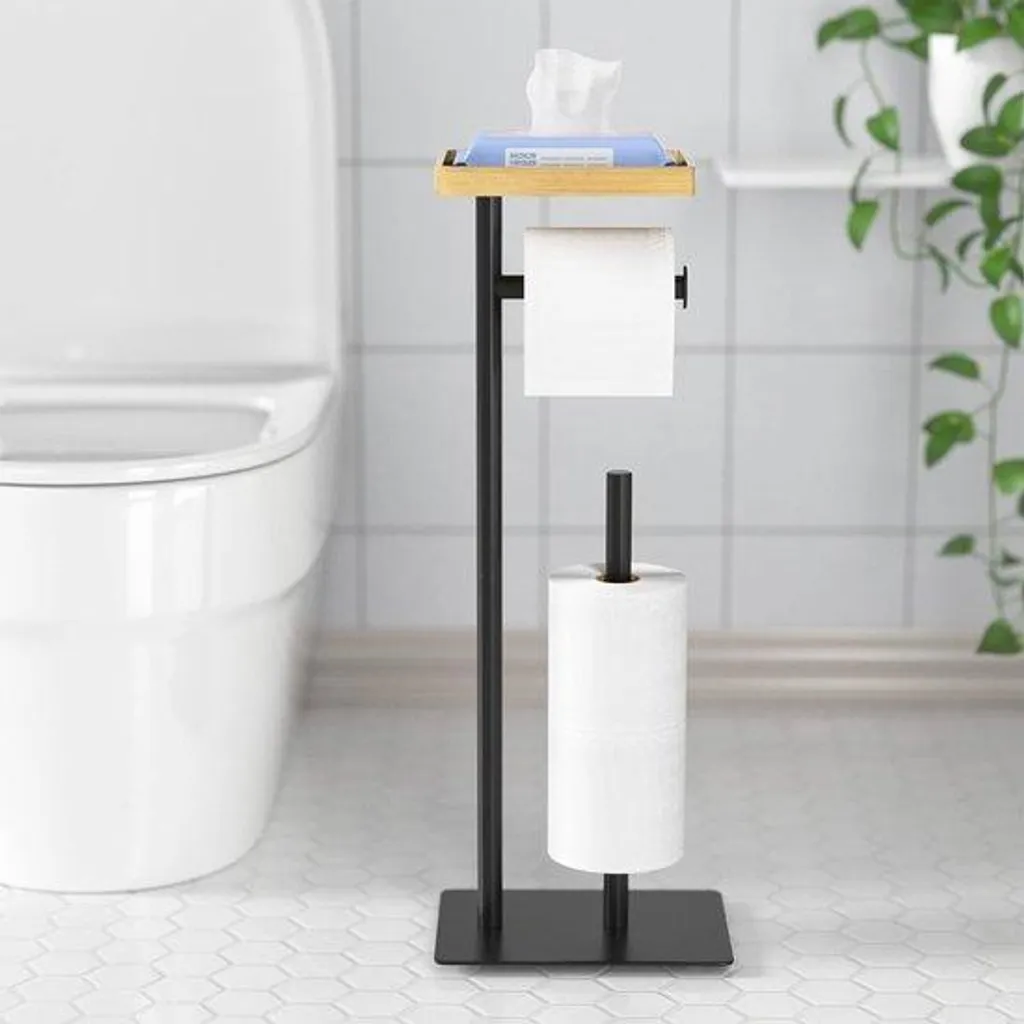 Rangement papier toilette bambou noir pour salle de bain, 4 rouleaux