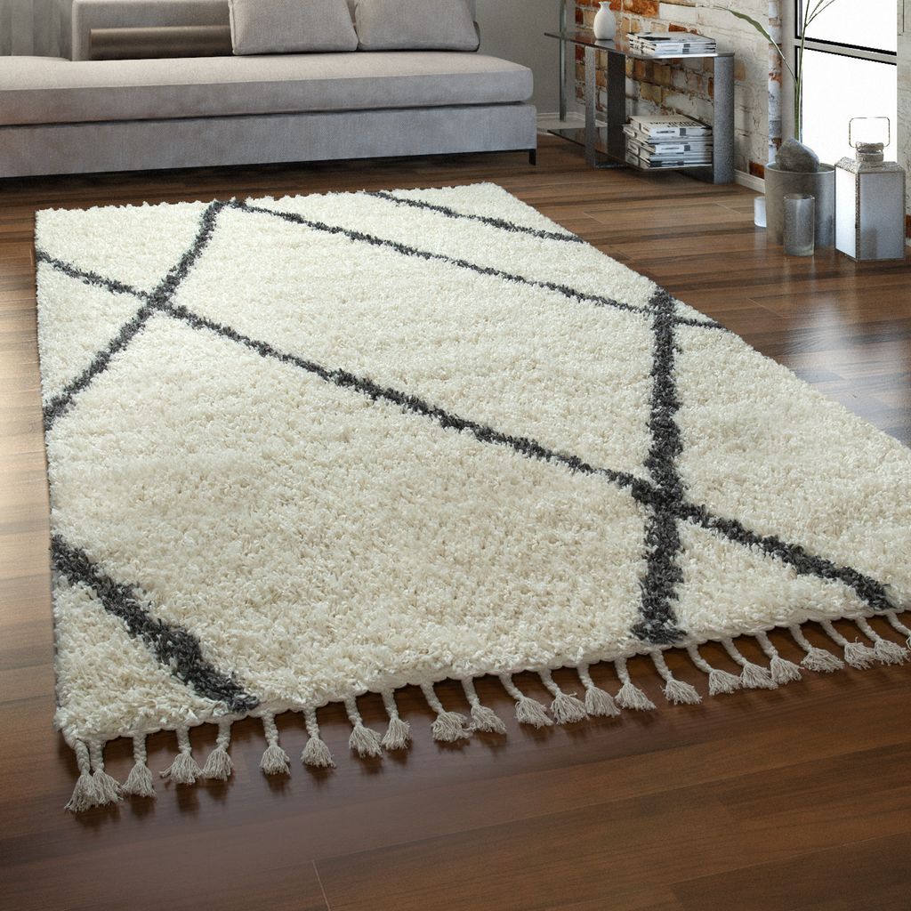 Hochflor Teppich Wohnzimmer Shaggy Fransen Rauten Skandi Muster Creme Grau Grösse 60x100 cm