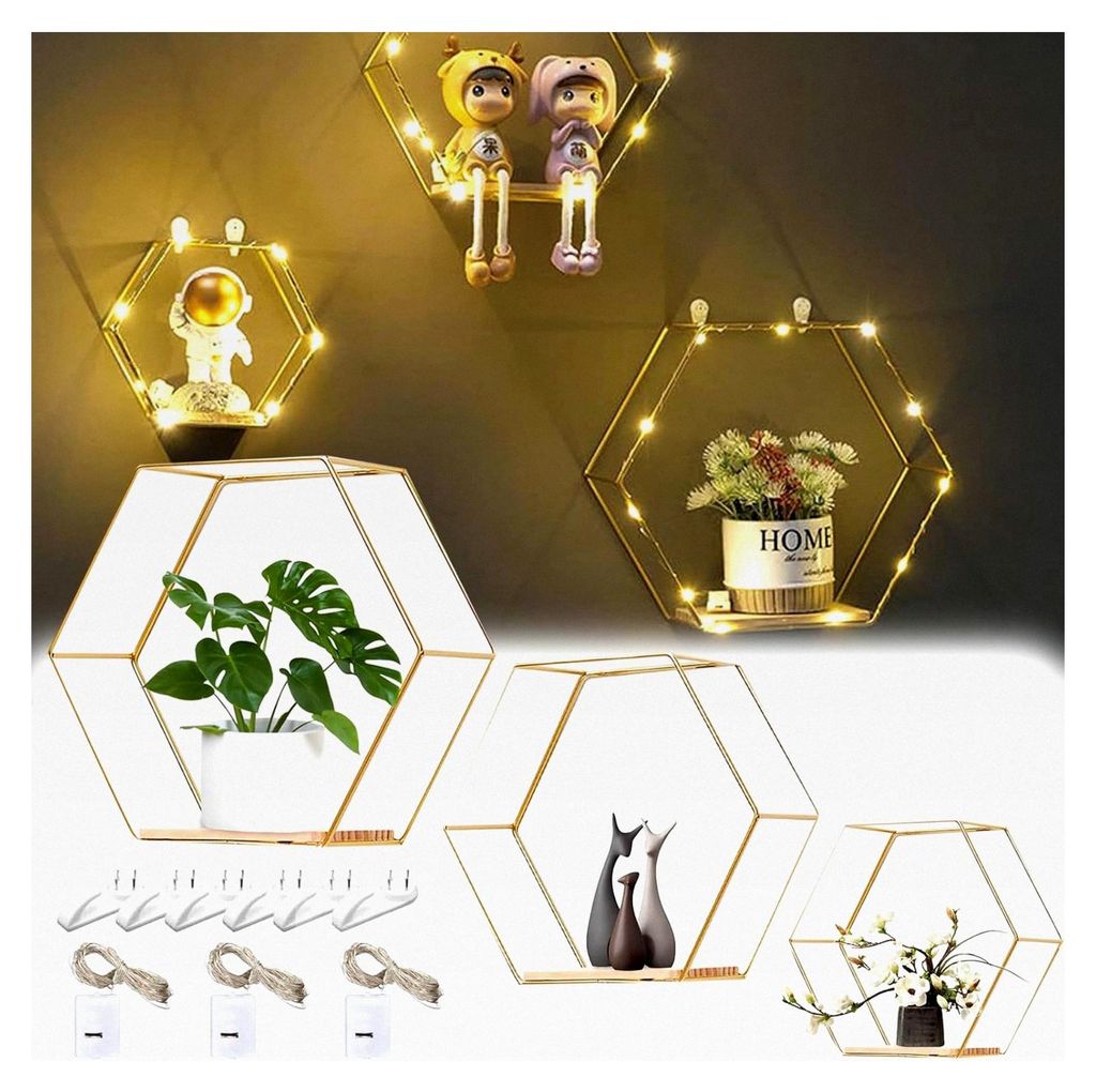 3 Stück Wandregal mit Lichtleiste, Hexagon Metall Gold ohne Bohren für Wanddekoration im Flur, Wohnzimmer, Schlafzimmer und Badezimmer